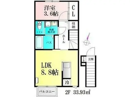 BAUアザヒガ(1LDK/2階)の間取り写真