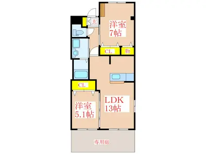 グレイスヴィラ広瀬B棟(2LDK/1階)の間取り写真