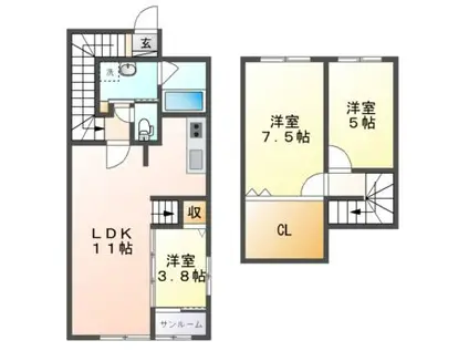 ルミエールE棟(3LDK/2階)の間取り写真
