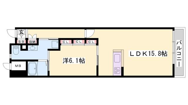 キャッスルコート博労町(1LDK/6階)の間取り写真
