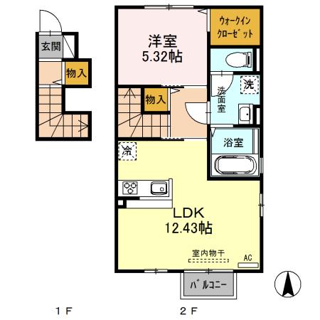 メゾンフルール(1LDK/2階)の間取り写真