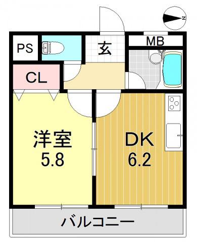 地下鉄谷町線 出戸駅 徒歩1分 6階建 築33年(1DK/2階)の間取り写真