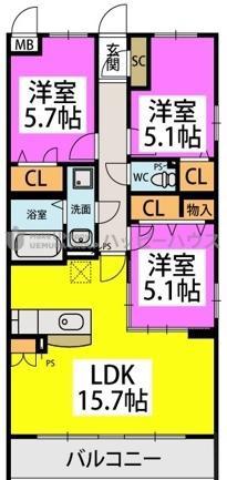 ハッピネス若葉台II(3LDK/3階)の間取り写真