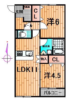 ボルツV(2LDK/1階)の間取り写真