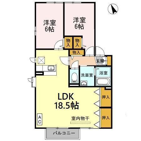 レシェンテ徳力B棟(2LDK/2階)の間取り写真