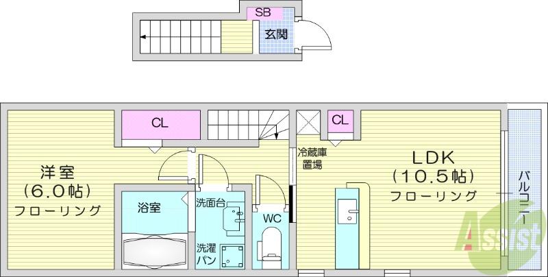シャトレ菊ヶ岡A(1LDK/2階)の間取り写真
