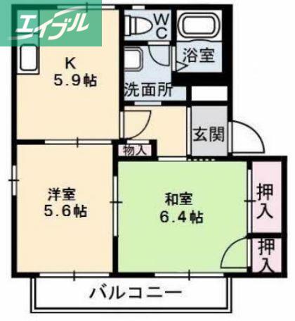 エクセルヴィオラ B棟(2K/2階)の間取り写真