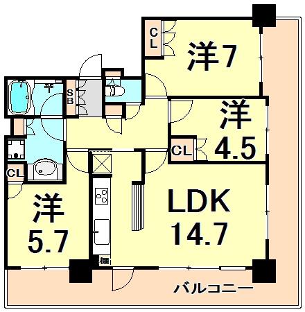 ライオンズタワー神戸旧居留地(3LDK/12階)の間取り写真