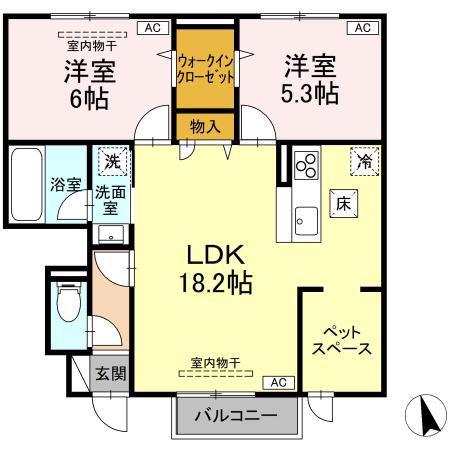 TORISIA大沢川原(2LDK/1階)の間取り写真