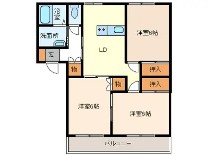 ハイエスト石が口 A棟(3DK/1階)の間取り写真