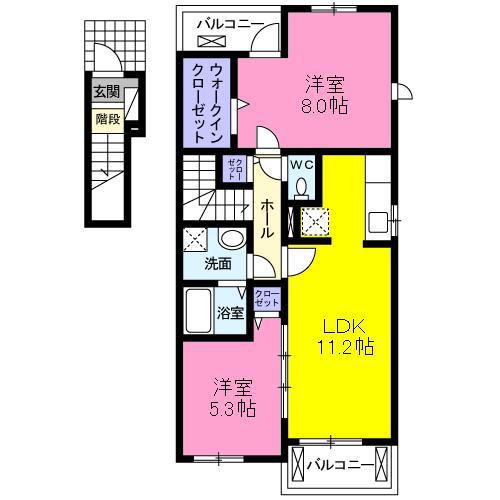 ピースヴィラ袋原南I(2LDK/2階)の間取り写真