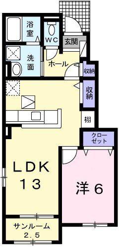 ソレイユB(1LDK/1階)の間取り写真