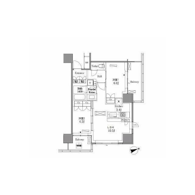 レジディアタワー目黒不動前 部屋番号1104(2LDK/11階)の間取り写真