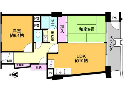 玉川サンケイハウス北棟(2LDK/3階)の間取り写真