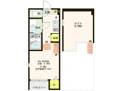 ハーモニーテラス岩切IV(1K/2階)の間取り写真