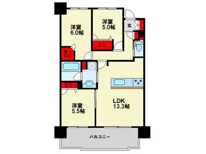 グランドパレス黒崎ランドマークス(3LDK/9階)の間取り写真