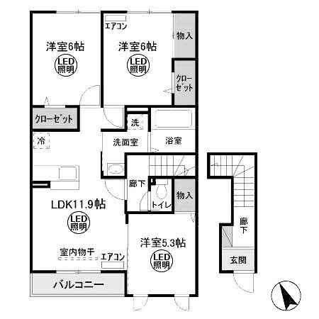 ウィット 水戸(3LDK/2階)の間取り写真