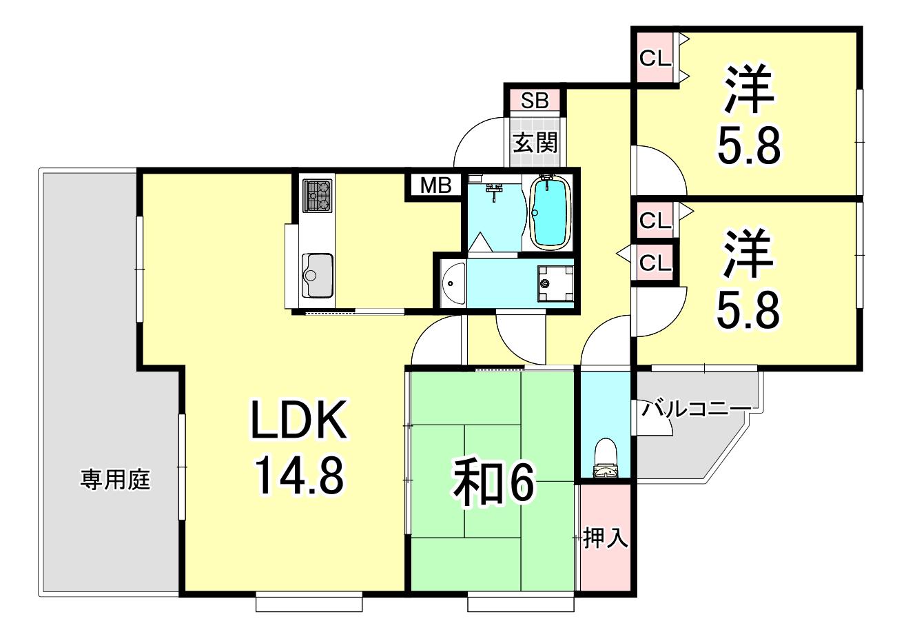 モンセーヌ西神南(3LDK/1階)の間取り写真
