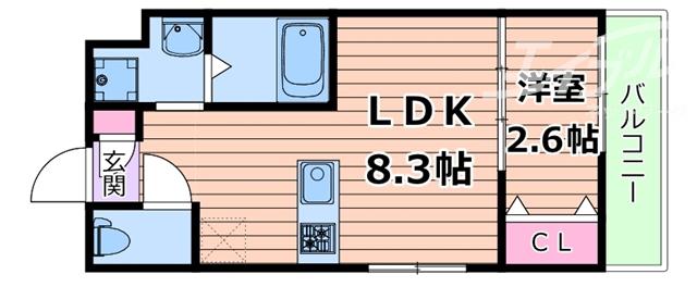 リアコート千里丘Iサウス(1LDK/2階)の間取り写真