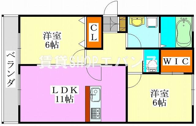 カミングヒル(2LDK/2階)の間取り写真