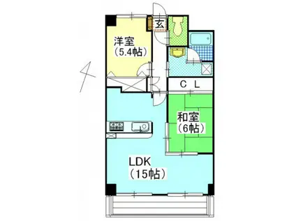 グリーンビレッジ北方(2LDK/3階)の間取り写真