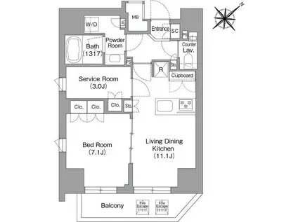 ザグロウ三田(1SLDK/10階)の間取り写真