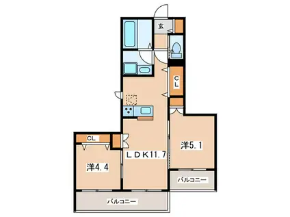 ミラ WAN本厚木(2LDK/1階)の間取り写真