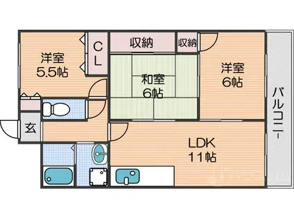 シャルマンハイツ住之江(3LDK/2階)の間取り写真