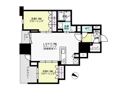 レーベン福岡天神ONE TOWER(2LDK/6階)の間取り写真