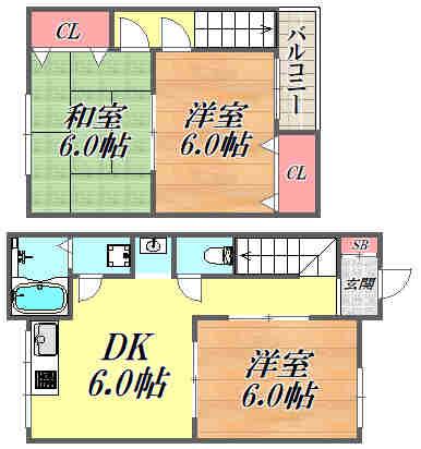塚口本町3丁目 テラスハウス(3DK/1階)の間取り写真