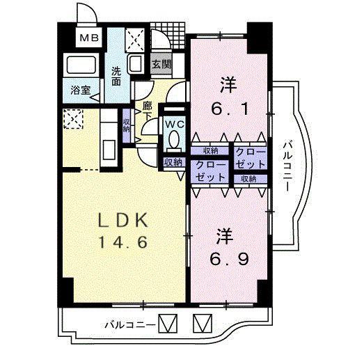 ラフィネ浦和(2LDK/6階)の間取り写真