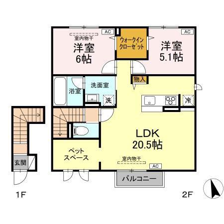 TORISIA大沢川原(2LDK/2階)の間取り写真