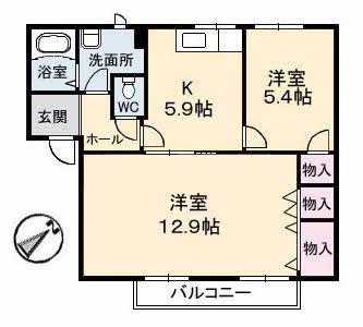 フレグランスまほろばB棟(2K/2階)の間取り写真