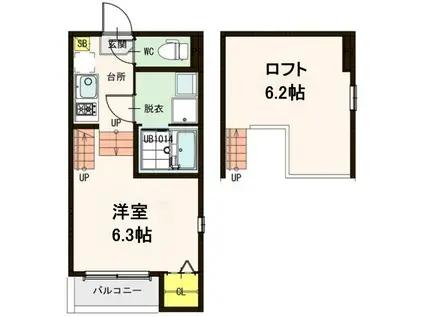 ハーモニーテラス東仙台VII(1K/2階)の間取り写真