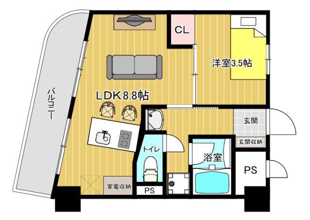 フクダ不動産八木駅前マンション(1LDK/8階)の間取り写真