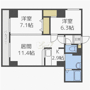 ヴァンクール南円山(2LDK/3階)の間取り写真
