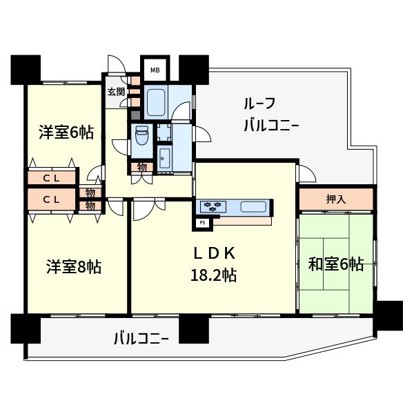 エスリード高槻上牧(3LDK/11階)の間取り写真