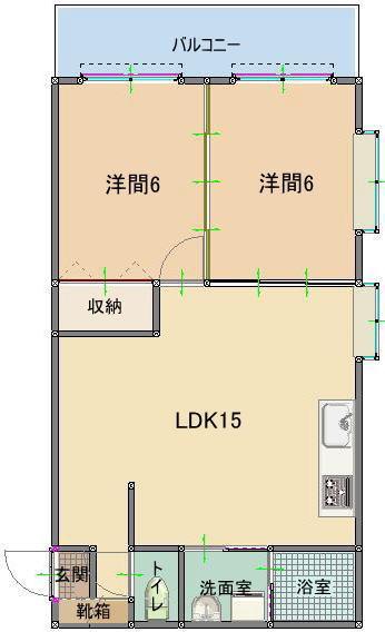 ゴールドマンション赤道(2LDK/4階)の間取り写真