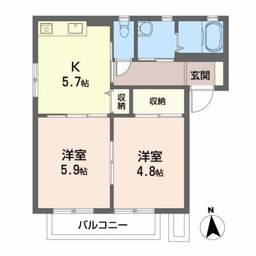 ハイネス北中央A(2K/1階)の間取り写真