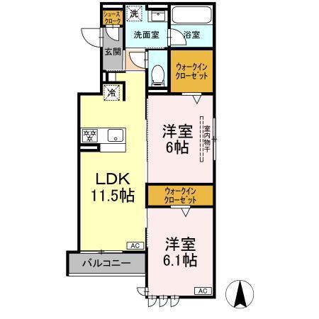 セレスティア田神 ウエスト(2LDK/2階)の間取り写真