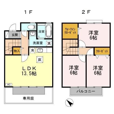 ローズガーデン土器東 A棟(3LDK/2階)の間取り写真