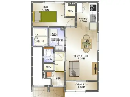 YDM A棟(1LDK/1階)の間取り写真