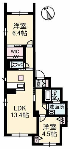 グランブーケA棟(2LDK/1階)の間取り写真