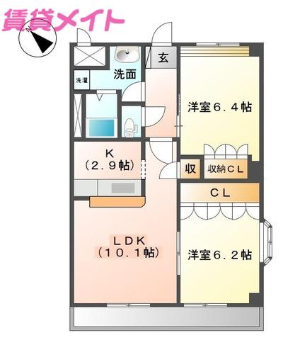 リュミエール・A棟(2LDK/2階)の間取り写真