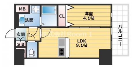 プレサンス松屋町グレース(1LDK/14階)の間取り写真
