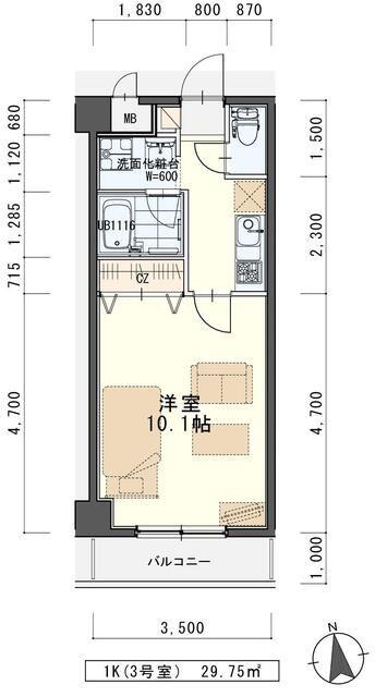 クレセール河原町(1K/3階)の間取り写真