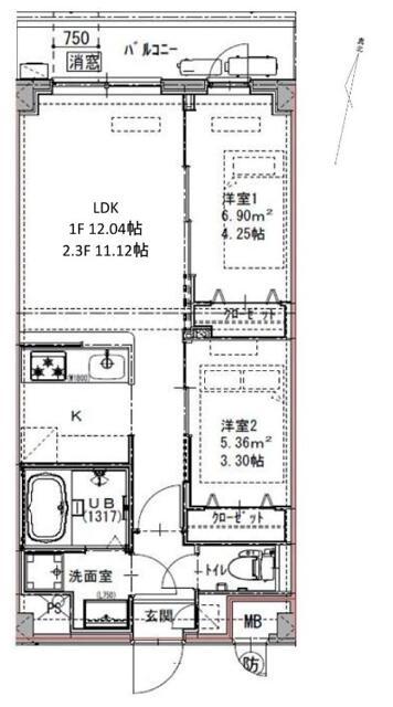 ジェノヴィア六町(2LDK/2階)の間取り写真