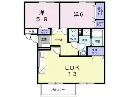 ニューエルディム小山A(2LDK/1階)の間取り写真