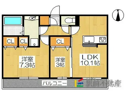 ウエストヒルズ萩I(2LDK/3階)の間取り写真