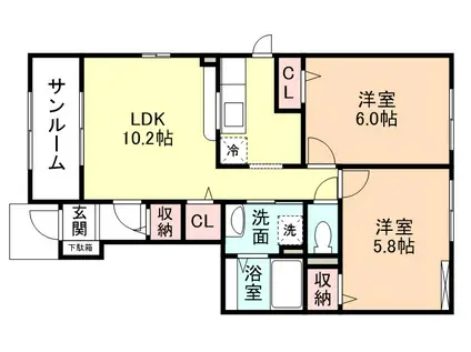 FIFTYーFIFTYC棟(2LDK/1階)の間取り写真